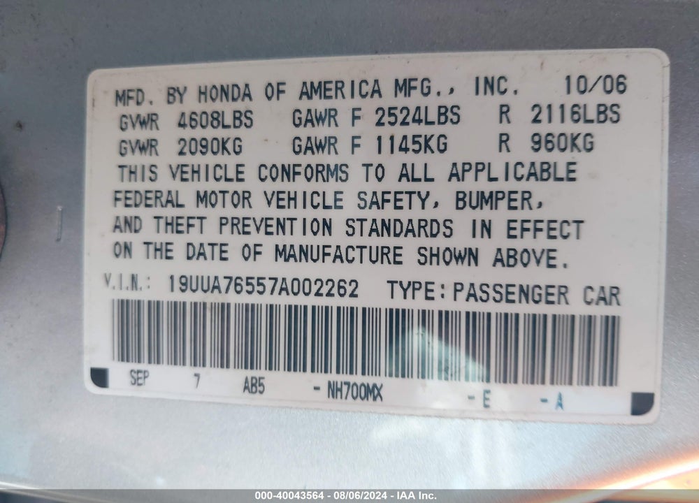 2007 ACURA TL TYPE S VIN: 19UUA76557A002262