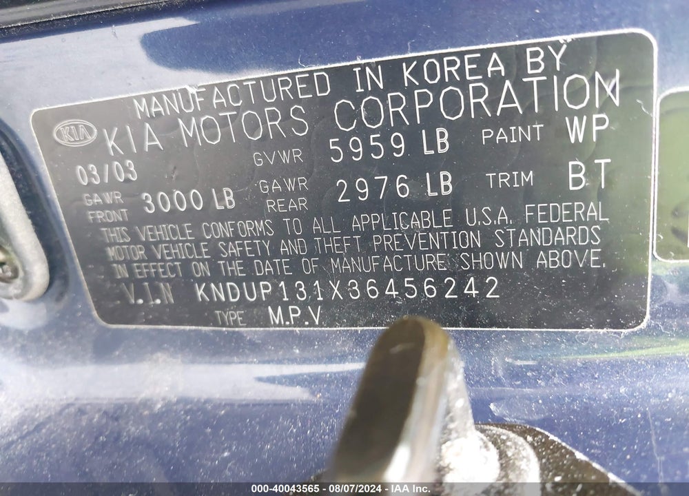 2003 KIA SEDONA EX/LX VIN: KNDUP131X36456242