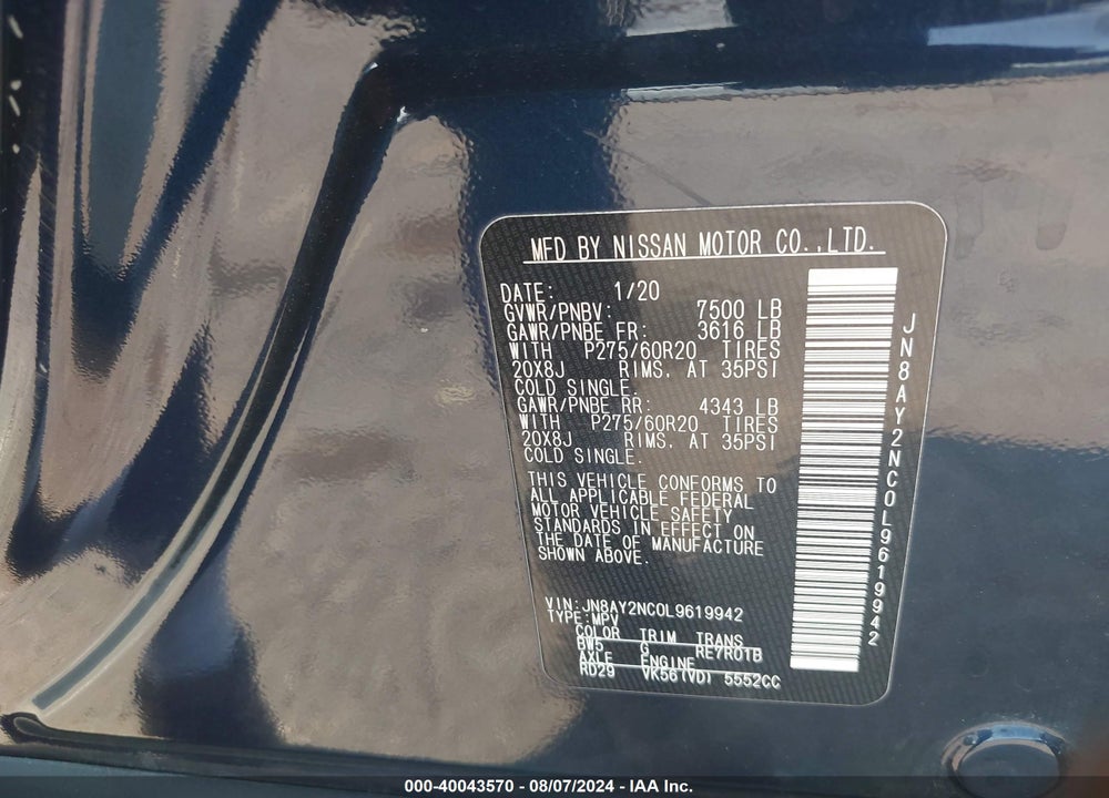 2020 NISSAN ARMADA SL 4WD VIN: JN8AY2NC0L9619942
