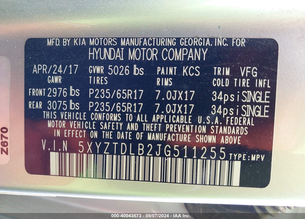 2018 HYUNDAI SANTA FE SPORT 2.4L VIN: 5XYZTDLB2JG511255