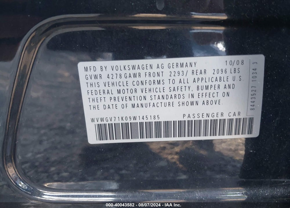 2009 VOLKSWAGEN GTI VIN: WVWGV71K09W145185