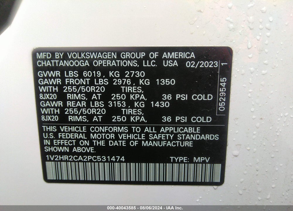 2023 VOLKSWAGEN ATLAS 3.6L V6 SE W/TECHNOLOGY VIN: 1V2HR2CA2PC531474