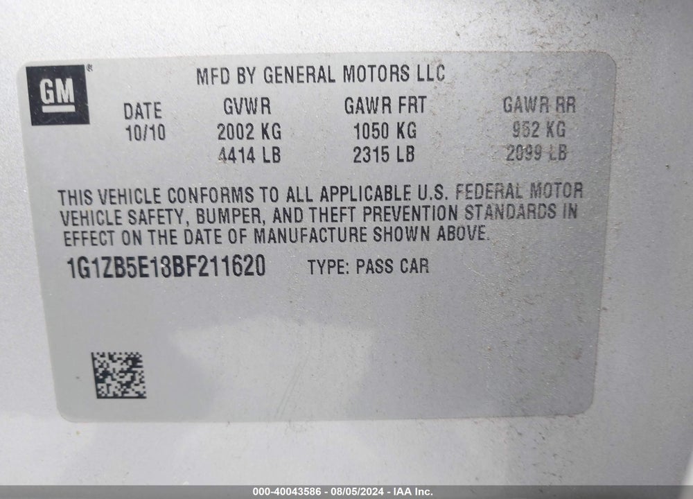 2011 CHEVROLET MALIBU LS VIN: 1G1ZB5E18BF211620