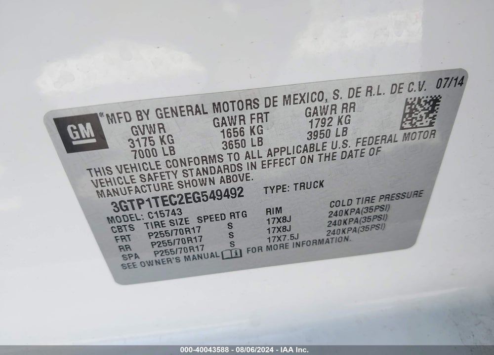 2014 GMC SIERRA 1500 VIN: 3GTP1TEC2EG549492