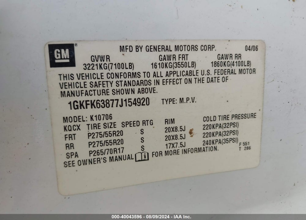 2007 GMC YUKON DENALI VIN: 1GKFK63877J154920