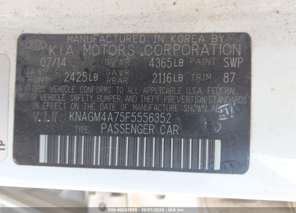 2015 KIA OPTIMA LX VIN: KNAGM4A75F5556352
