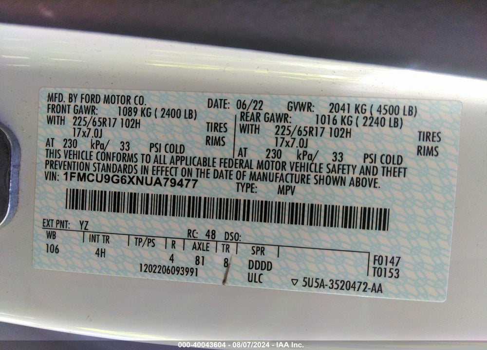 2022 FORD ESCAPE SE VIN: 1FMCU9G6XNUA79477