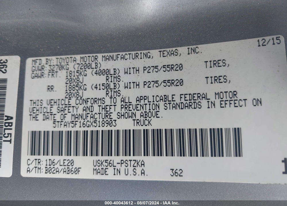 2016 TOYOTA TUNDRA PLATINUM 5.7L V8 VIN: 5TFAY5F16GX518903