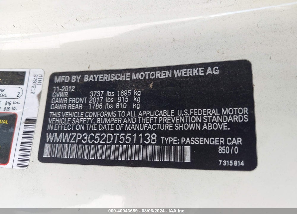 2013 MINI CONVERTIBLE COOPER S VIN: WMWZP3C52DT551138