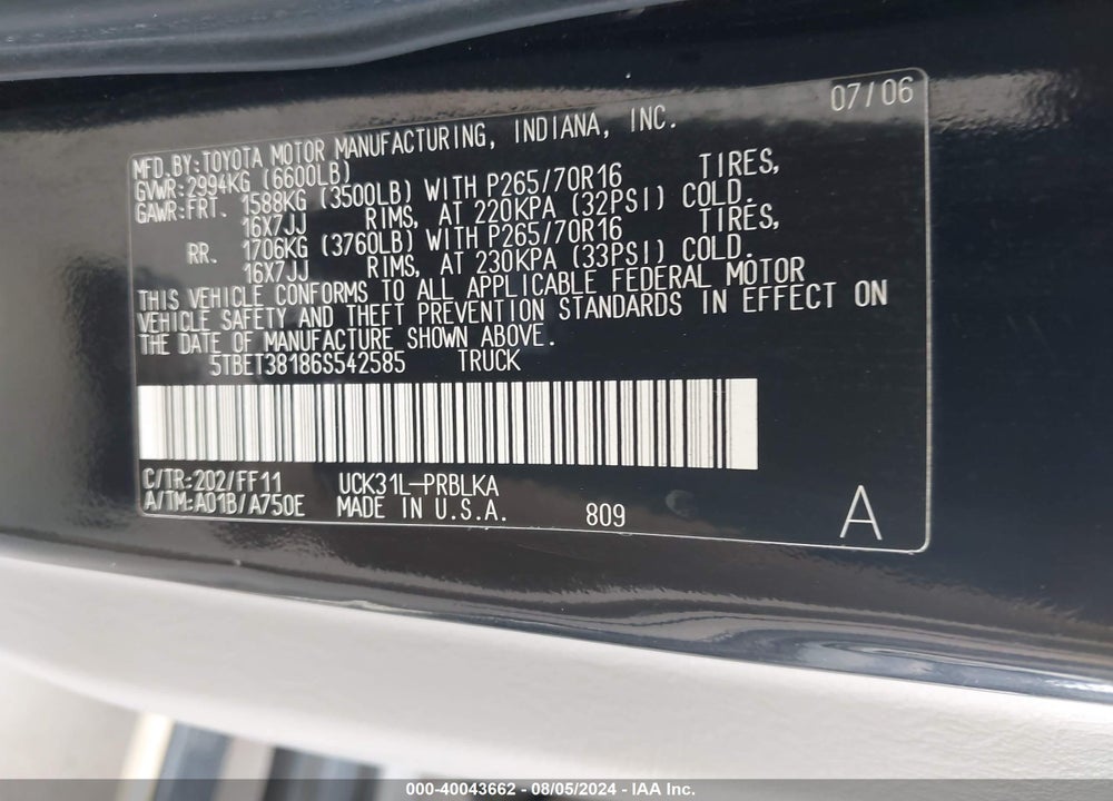 2006 TOYOTA TUNDRA LIMITED V8 VIN: 5TBET38186S542585