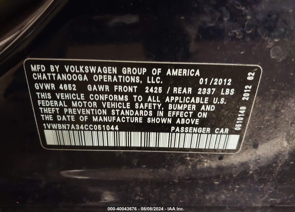 2012 VOLKSWAGEN PASSAT 2.0L TDI SE VIN: 1VWBN7A34CC051044