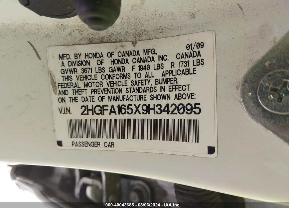 2009 HONDA CIVIC VIN: 2HGFA165X9H342095