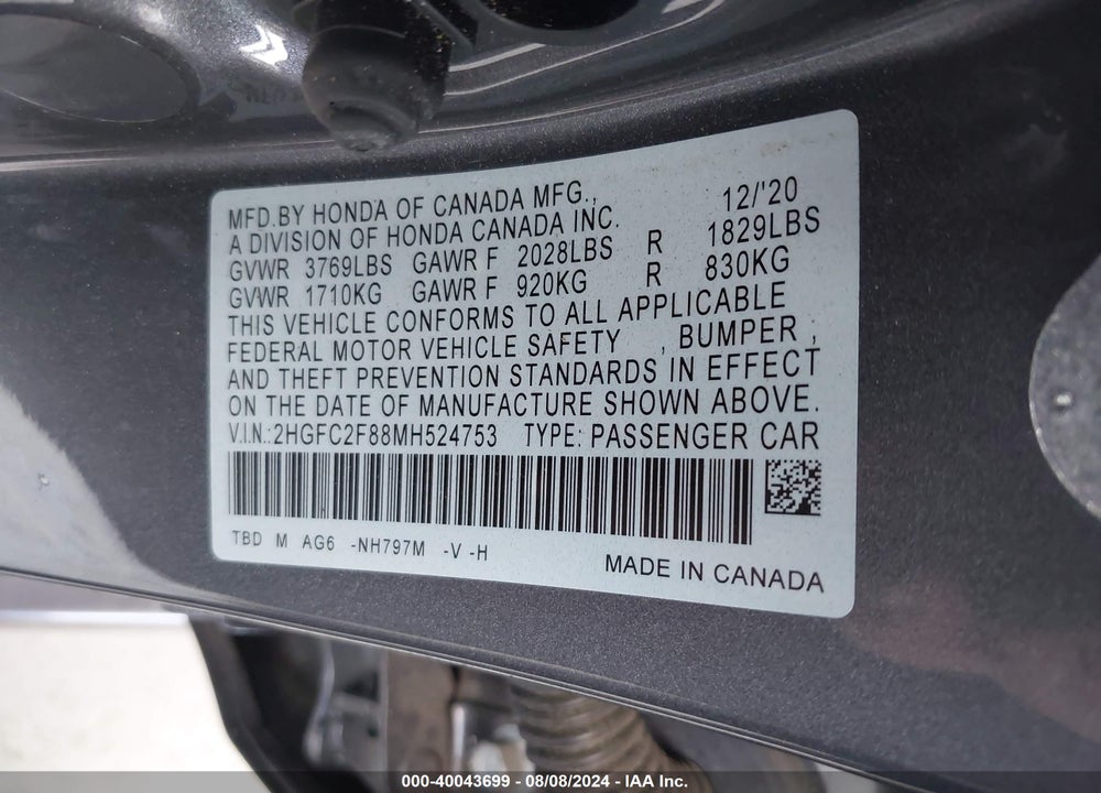 2021 HONDA CIVIC VIN: 2HGFC2F88MH524753