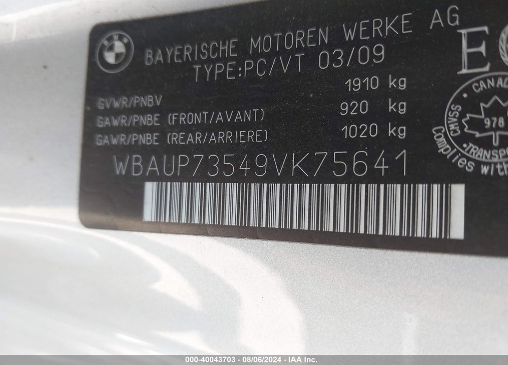 2009 BMW 128I VIN: WBAUP73549VK75641