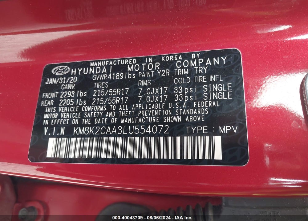 2020 HYUNDAI KONA VIN: KM8K2CAA3LU554072