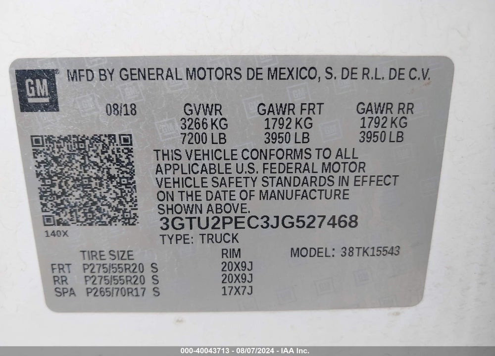 2018 GMC SIERRA 1500 DENALI VIN: 3GTU2PEC3JG527468