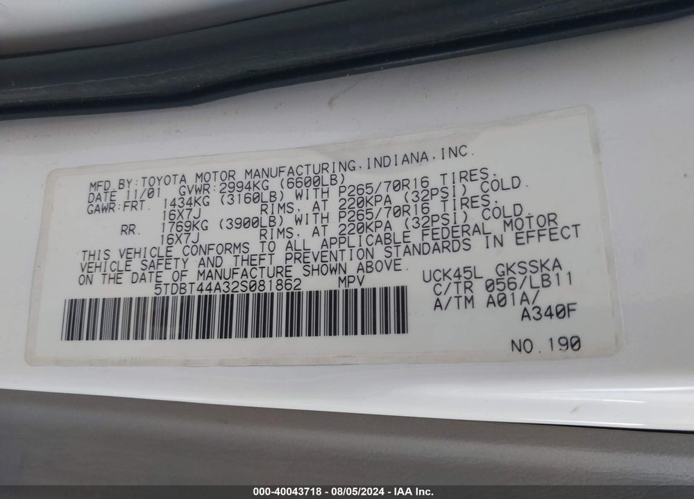 2002 TOYOTA SEQUOIA SR5 V8 VIN: 5TDBT44A32S081862
