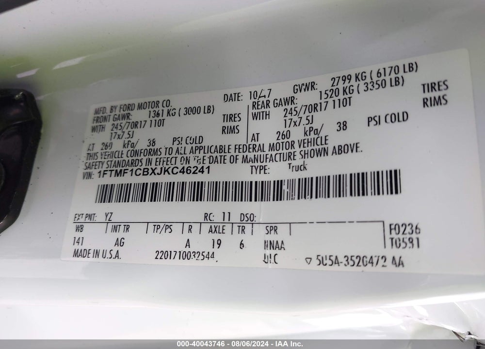 2018 FORD F-150 XL VIN: 1FTMF1CBXJKC46241