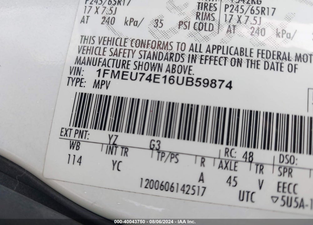 2006 FORD EXPLORER EDDIE BAUER VIN: 1FMEU74E16UB59874
