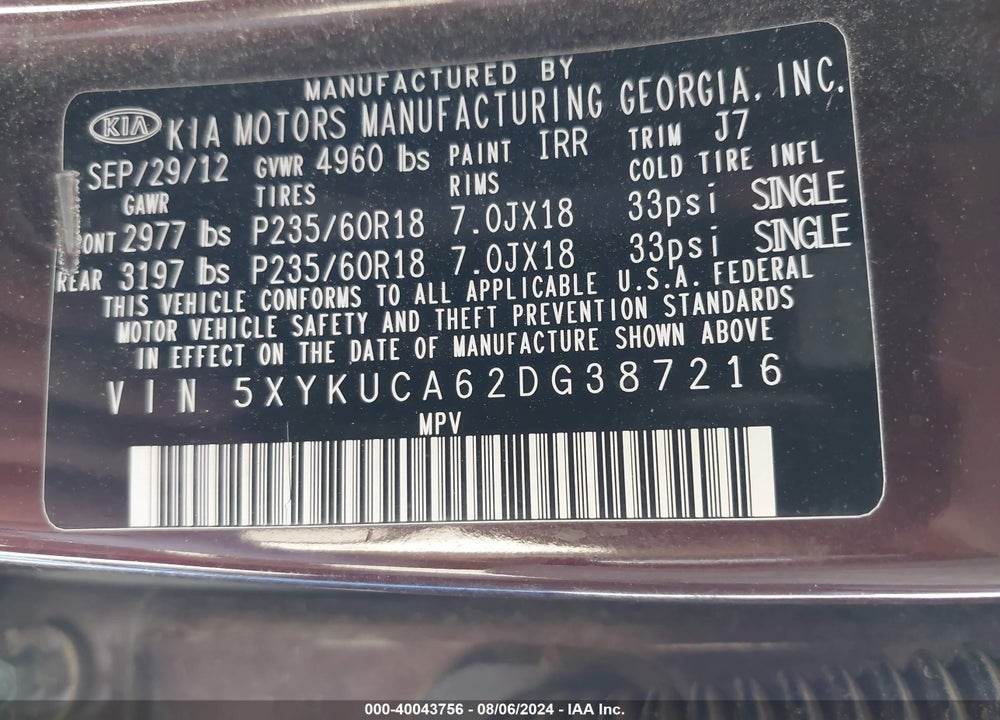 2013 KIA SORENTO EX VIN: 5XYKUCA62DG387216