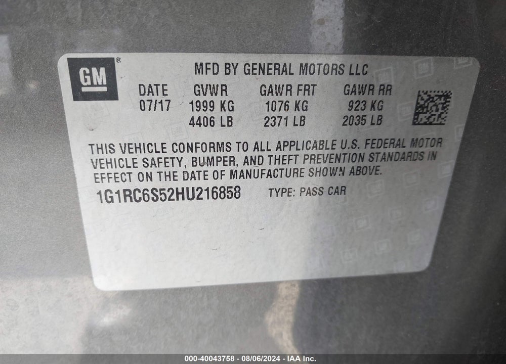 2017 CHEVROLET VOLT LT VIN: 1G1RC6S52HU216858