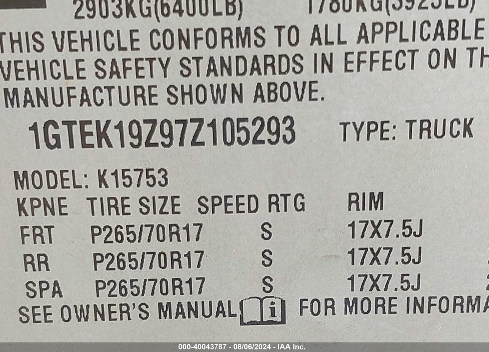 2007 GMC SIERRA 1500 CLASSIC SLE1 VIN: 1GTEK19Z97Z105293