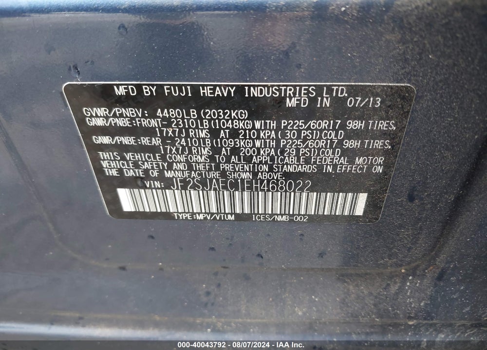 2014 SUBARU FORESTER 2.5I PREMIUM VIN: JF2SJAEC1EH468022