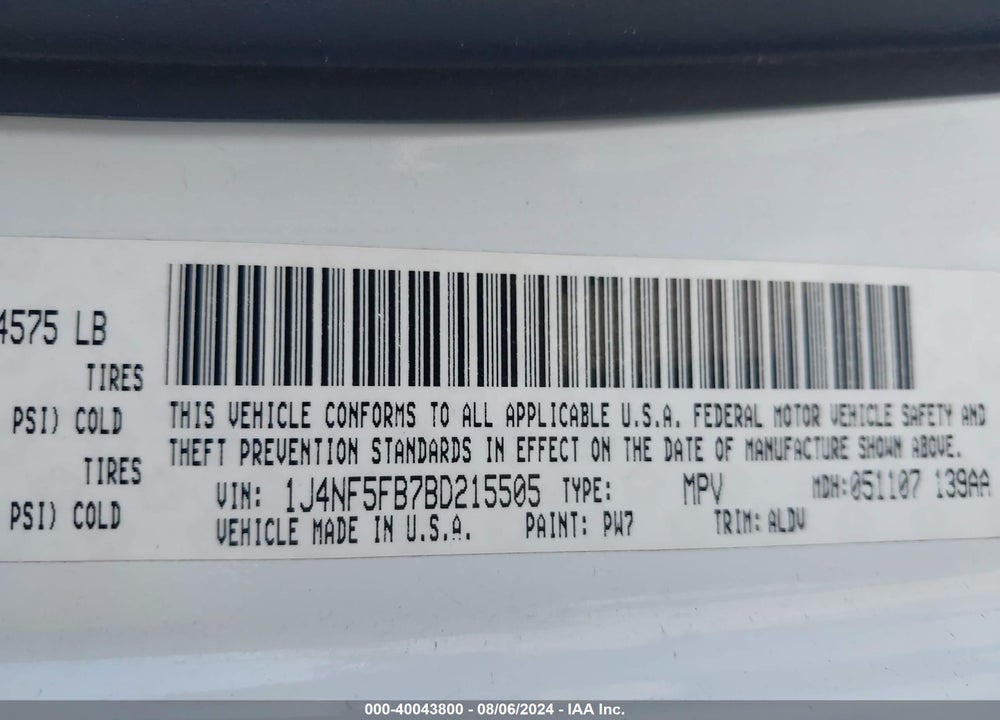 2011 JEEP COMPASS LIMITED VIN: 1J4NF5FB7BD215505