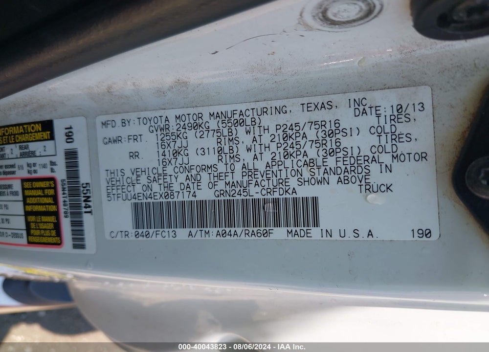 2014 TOYOTA TACOMA BASE V6 VIN: 5TFUU4EN4EX087174