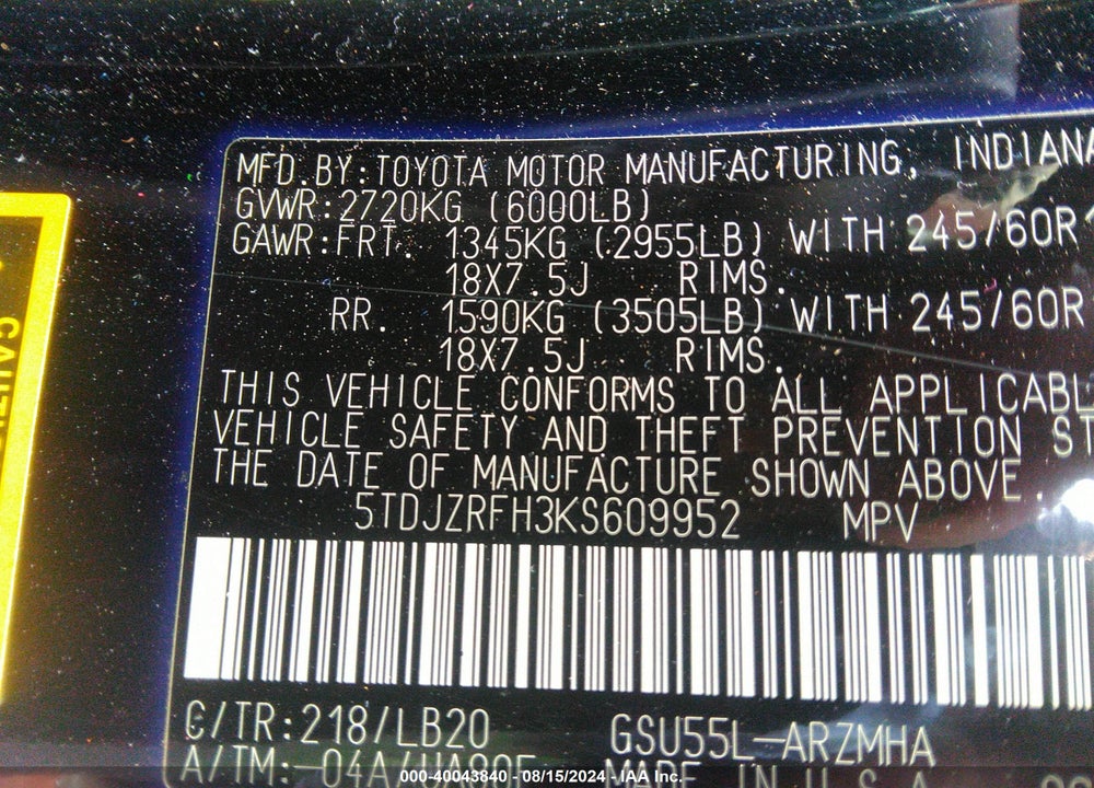 2019 TOYOTA HIGHLANDER XLE VIN: 5TDJZRFH3KS609952