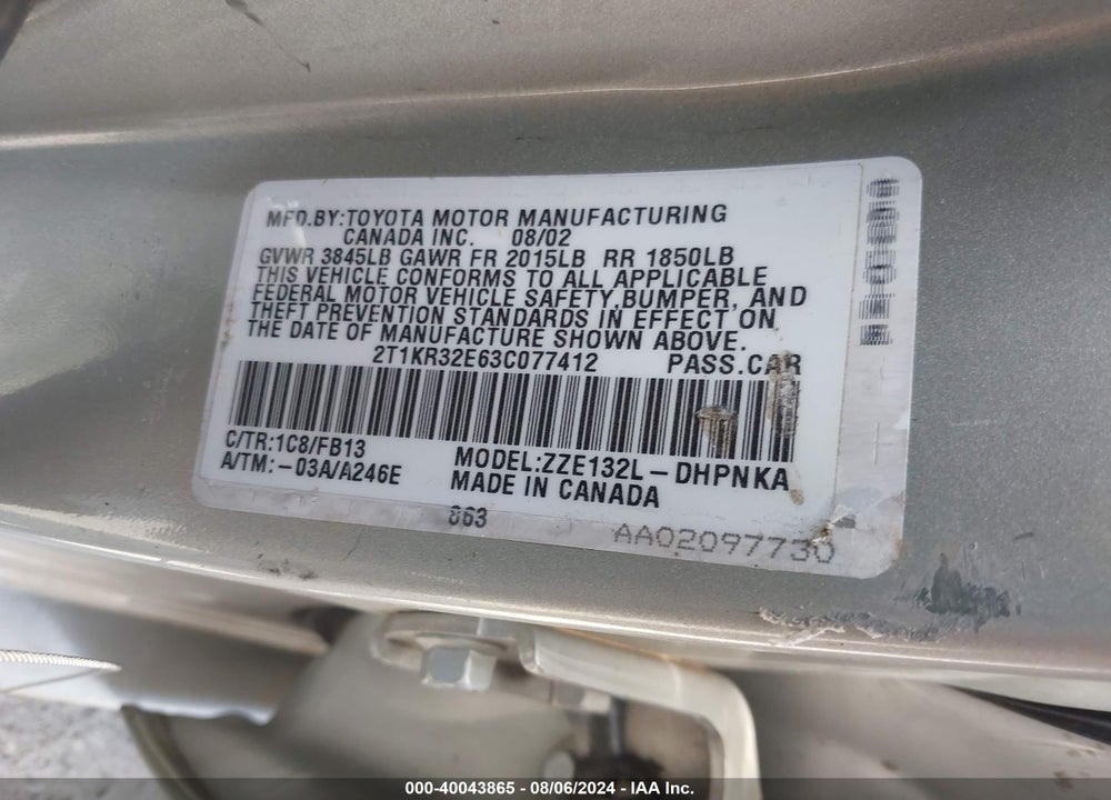2003 TOYOTA MATRIX/XR VIN: 2T1KR32E63C077412