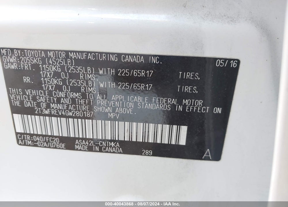 2016 TOYOTA RAV4 XLE VIN: 2T3WFREV4GW280187