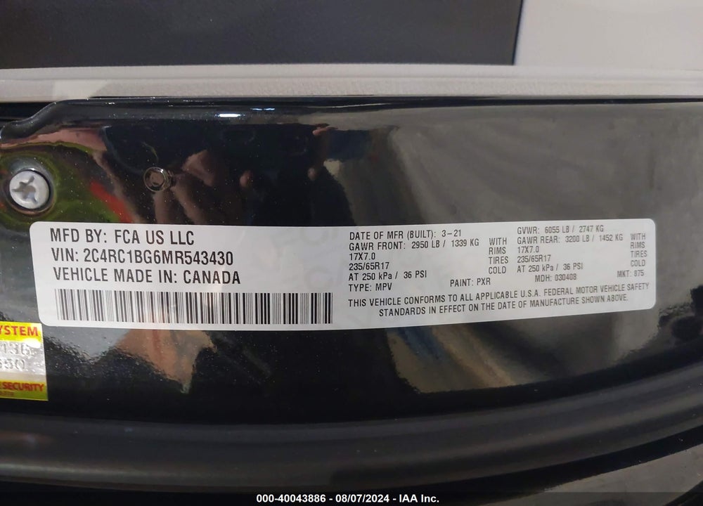 2021 CHRYSLER PACIFICA TOURING L VIN: 2C4RC1BG6MR543430