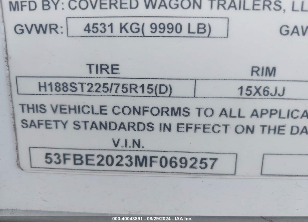 2021 TRAILER C AND B ATTACHED VIN: 53FBE2023MF069257