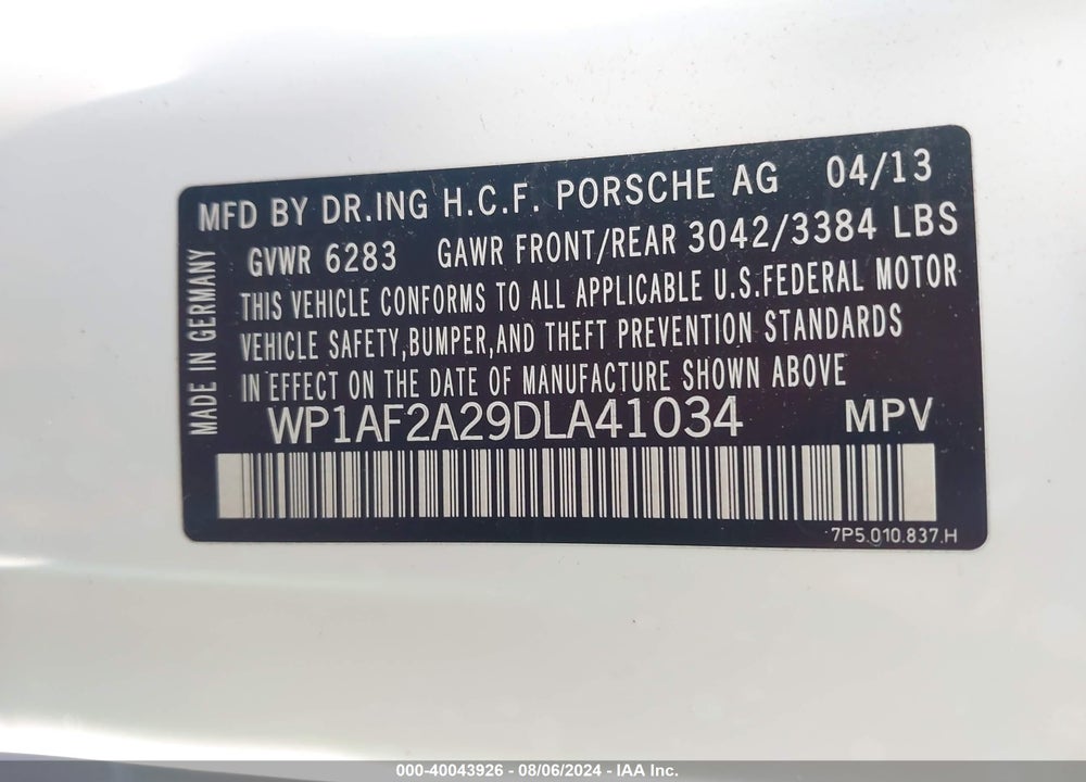2013 PORSCHE CAYENNE DIESEL VIN: WP1AF2A29DLA41034