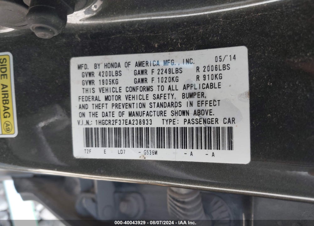 2014 HONDA ACCORD LX VIN: 1HGCR2F37EA238933