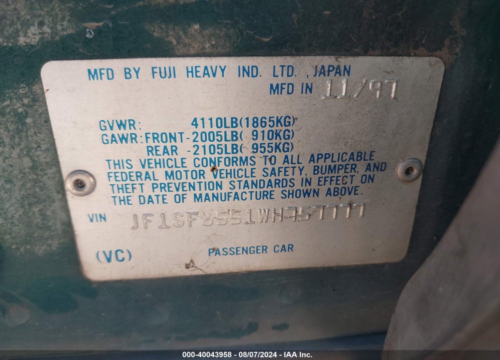 1998 SUBARU FORESTER S VIN: JF1SF6551WH757777