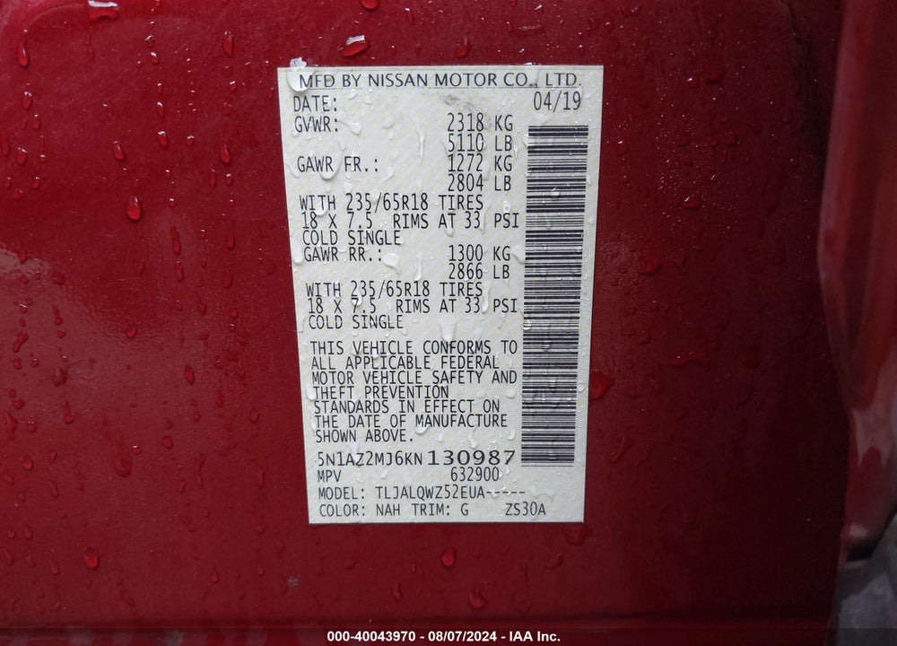 2019 NISSAN MURANO SV VIN: 5N1AZ2MJ6KN130987