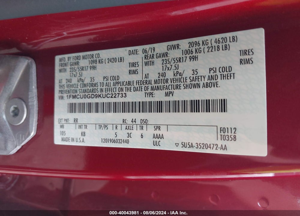 2019 FORD ESCAPE SE VIN: 1FMCU0GD9KUC22733