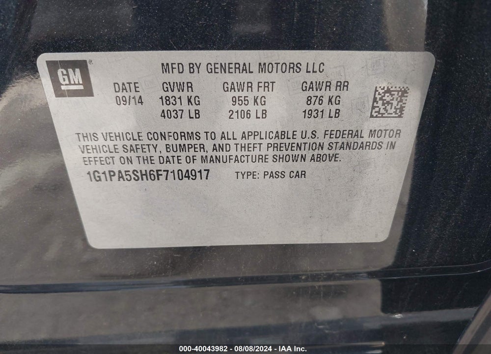 2015 CHEVROLET CRUZE LS AUTO VIN: 1G1PA5SH6F7104917