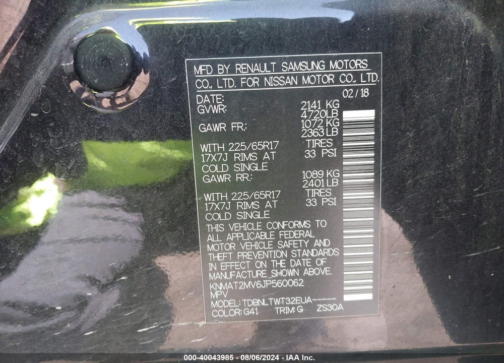 2018 NISSAN ROGUE SV VIN: KNMAT2MV6JP560062
