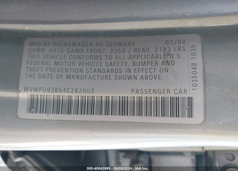 2004 VOLKSWAGEN PASSAT GLS VIN: WVWPD63B54E282003