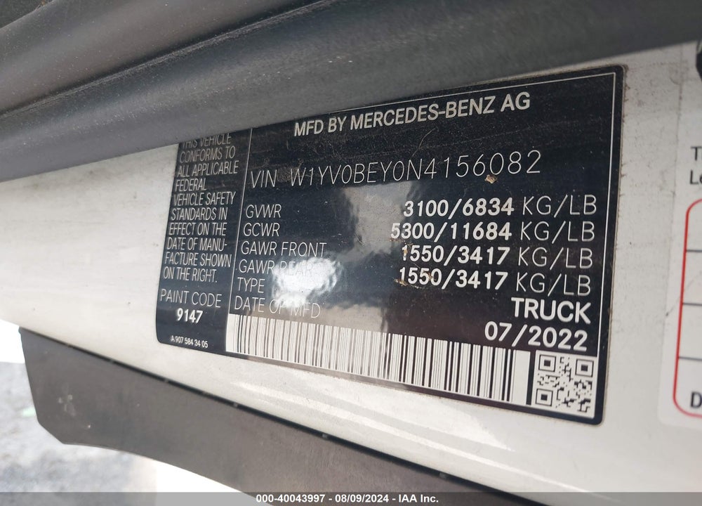 2022 MERCEDES-BENZ METRIS VIN: W1YV0BEY0N4156082