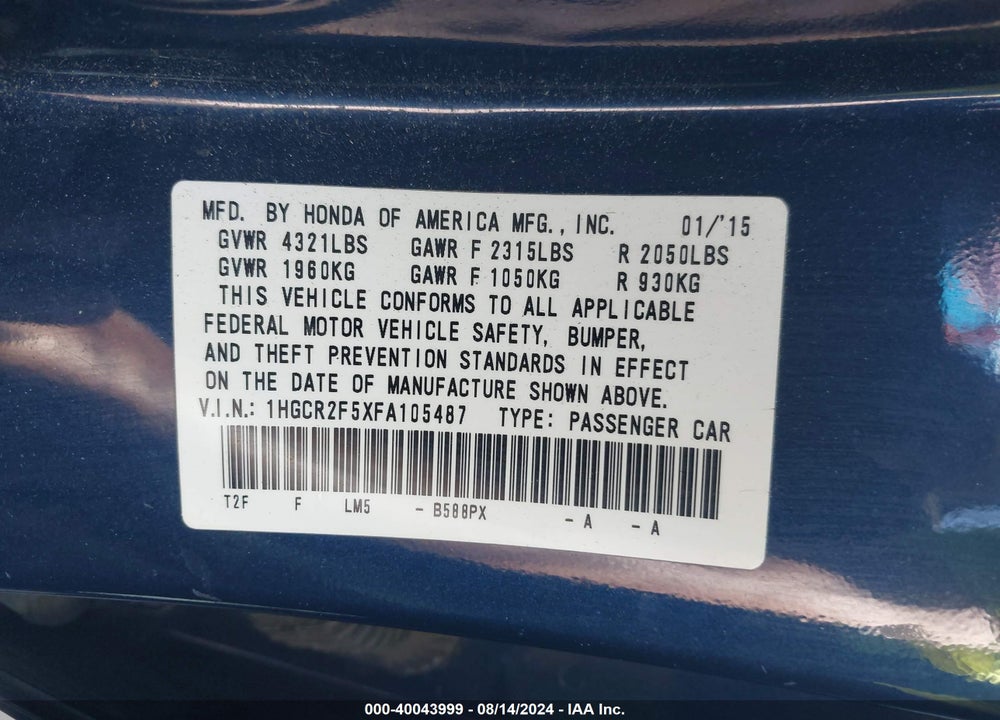 2015 HONDA ACCORD SPORT VIN: 1HGCR2F5XFA105487