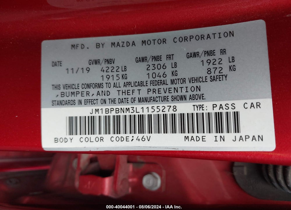 2020 MAZDA 3 PREMIUM PACKAGE VIN: JM1BPBNM3L1155278