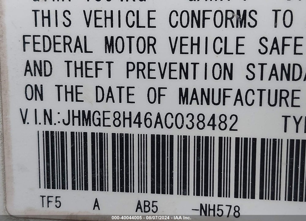 2010 HONDA FIT SPORT VIN: JHMGE8H46AC038482