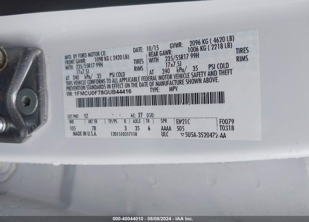 2016 FORD ESCAPE S VIN: 1FMCU0F78GUB44416