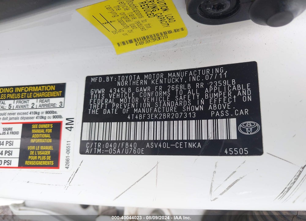 2011 TOYOTA CAMRY LE VIN: 4T4BF3EK2BR207313
