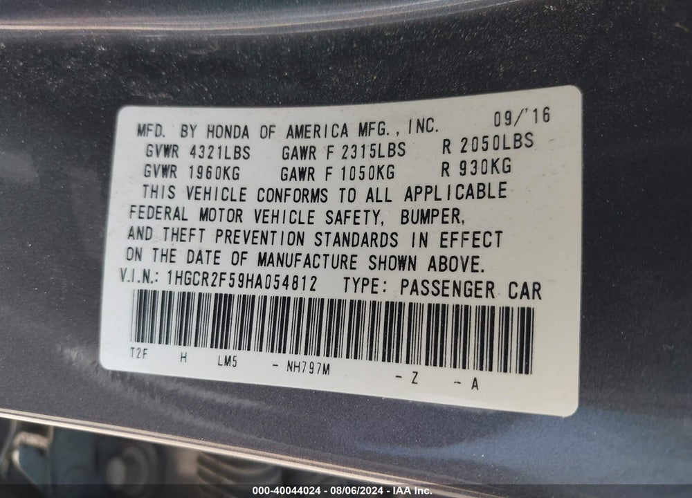 2017 HONDA ACCORD SPORT VIN: 1HGCR2F59HA054812