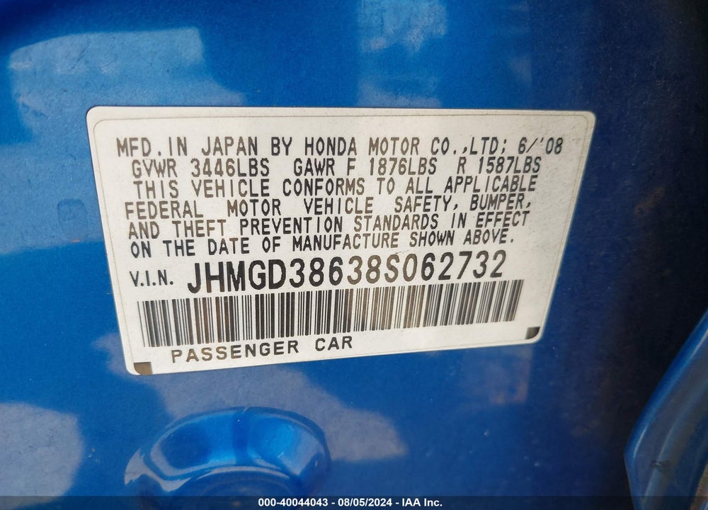 2008 HONDA FIT VIN: JHMGD38638S062732